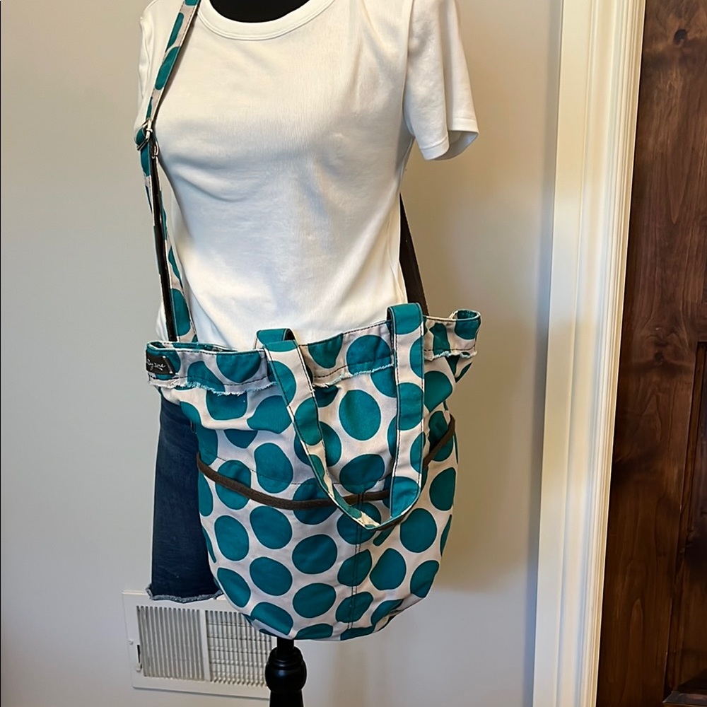 Thirty-One Teal and White Polka Dot Crossbody Bag